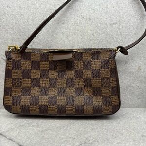 Brown Checkered Shoulder Bag with Gold Hardware